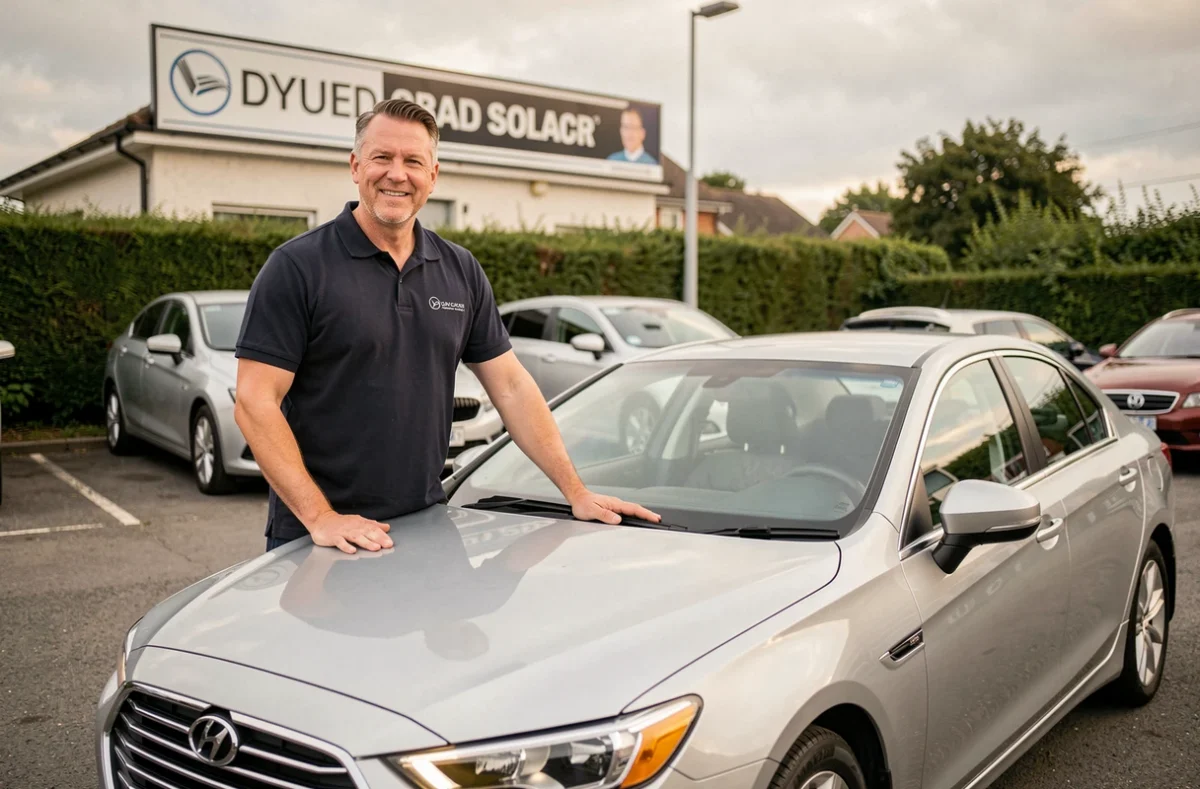 Vendeur de voitures d'occasion souriant devant un véhicule soigné chez Ouest Select Autos
