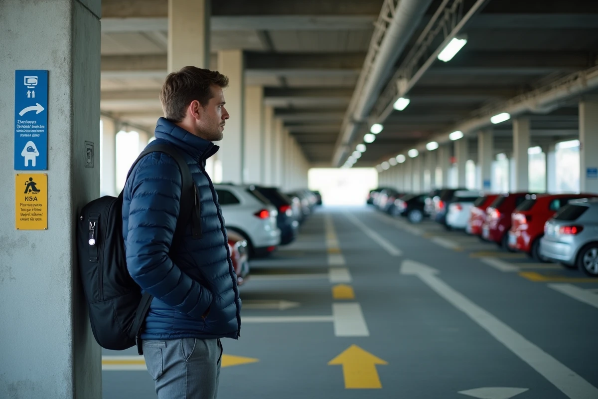 Homme consultant un panneau de covoiturage dans le parking couvert de la gare de Valence