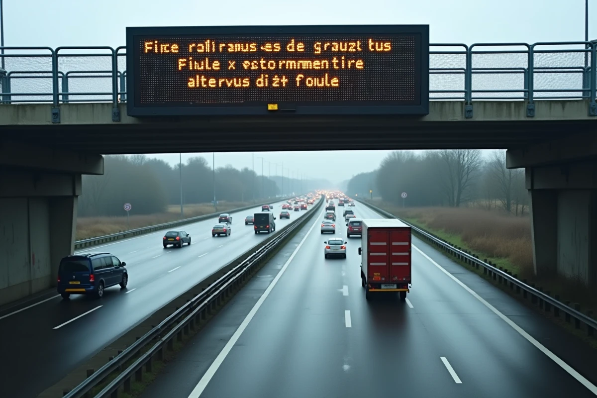 Panneau d'information autoroutière signalant un accident dans le nord avec déviation de trafic et ralentissement des véhicules