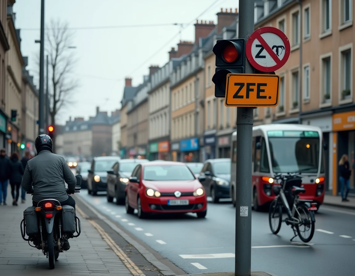 Panneau de zone à faibles émissions ZFE à Rennes avec circulation mixte de véhicules en 2026