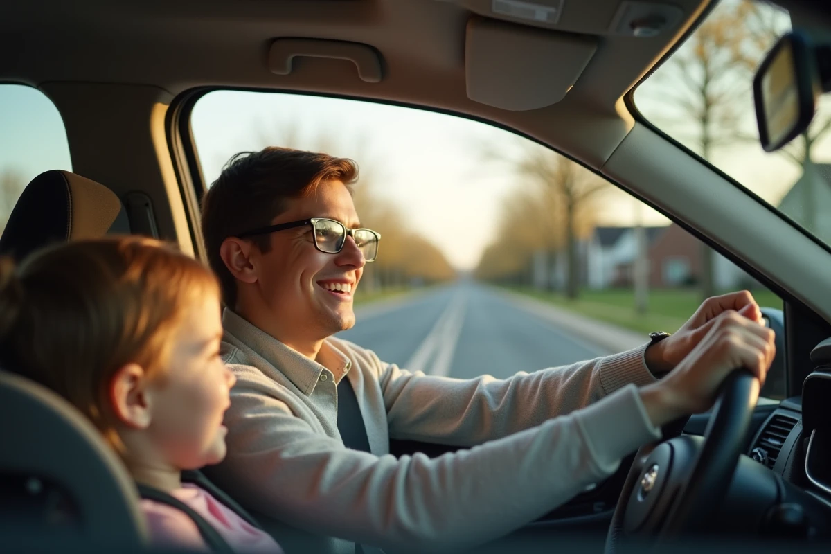 Parent conduisant avec enfant dans une voiture en matinée suburbain