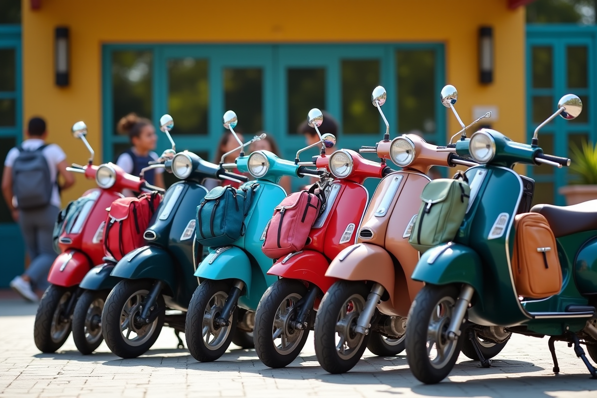 Scooters garés devant un lycée avec étudiants en arrière-plan