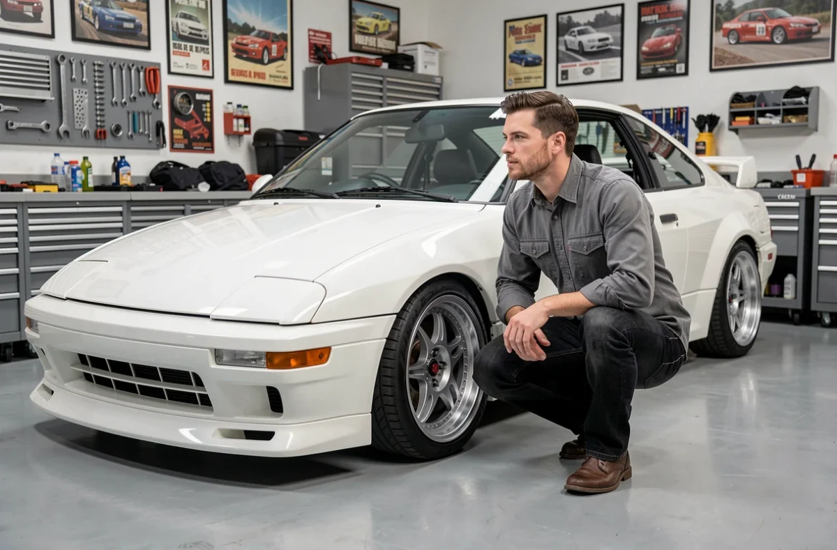 Passionné de youngtimers japonais inspectant une voiture des années 80 dans un garage privé bien entretenu
