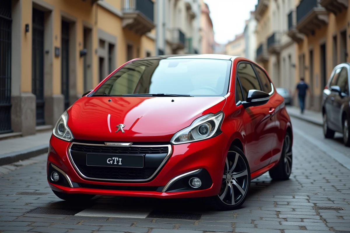 Peugeot 208 GTI rouge en occasion garée sur une rue pavée urbaine, vue trois-quarts avant montrant le badge GTI et le double échappement