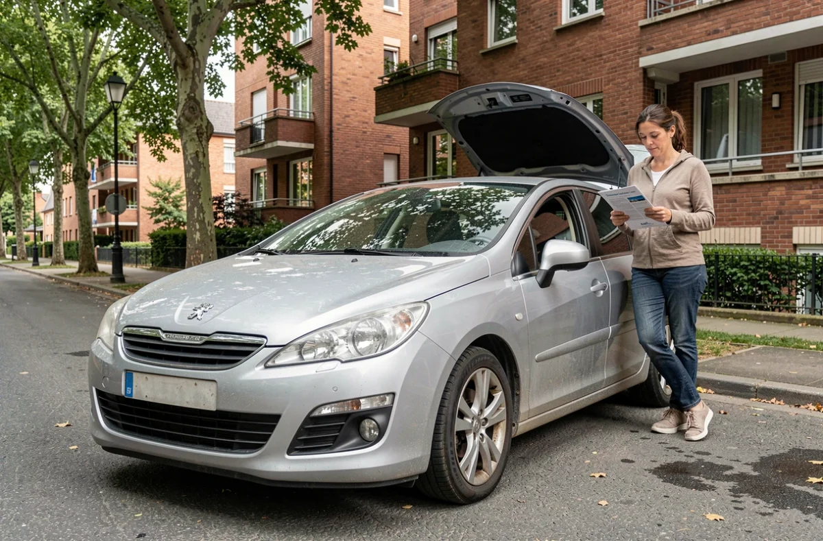 Peugeot 308 avec moteur 1.5 BlueHDi 130 garée dans une rue française, propriétaire consultant le carnet d'entretien