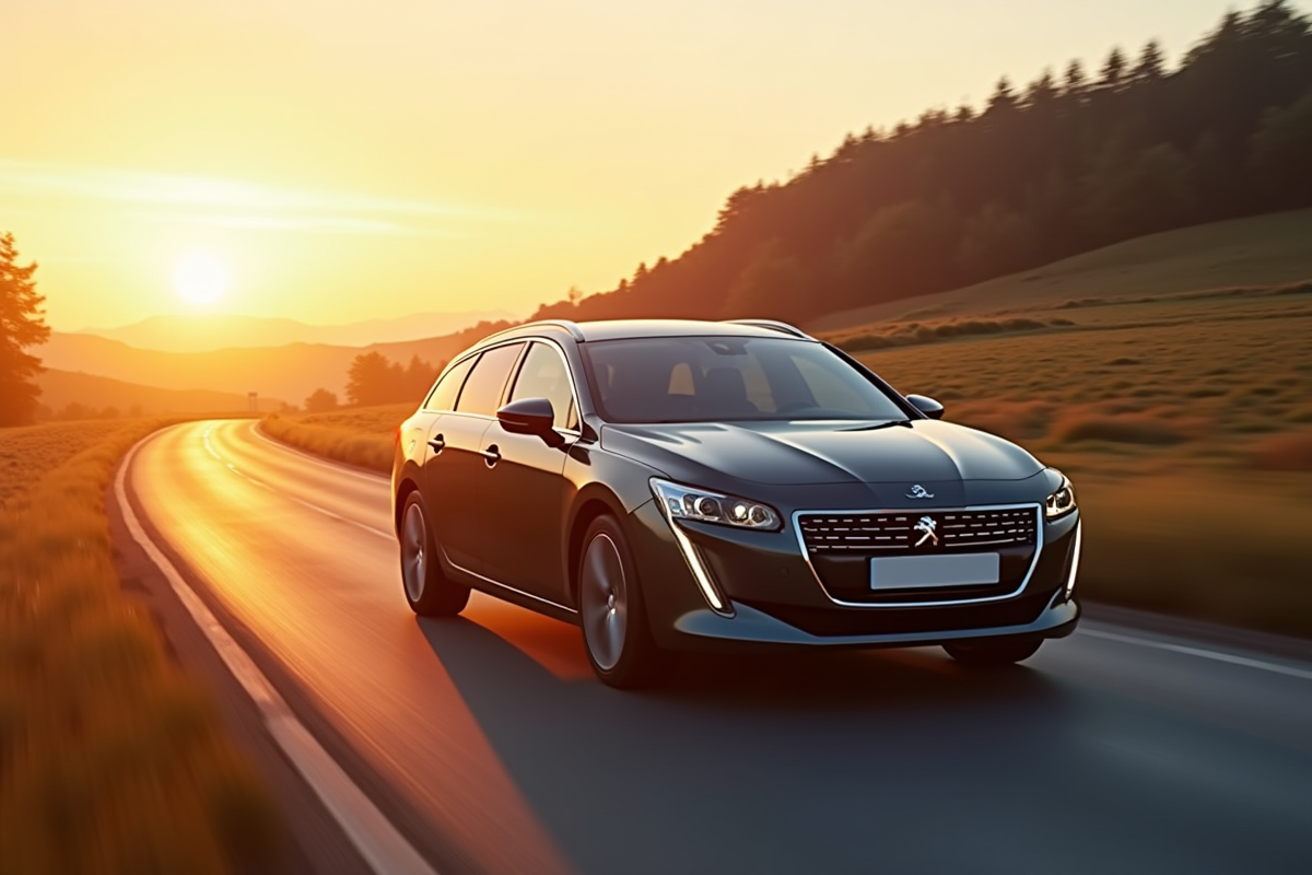 Peugeot 508 SW en conduite sur route de campagne en golden hour