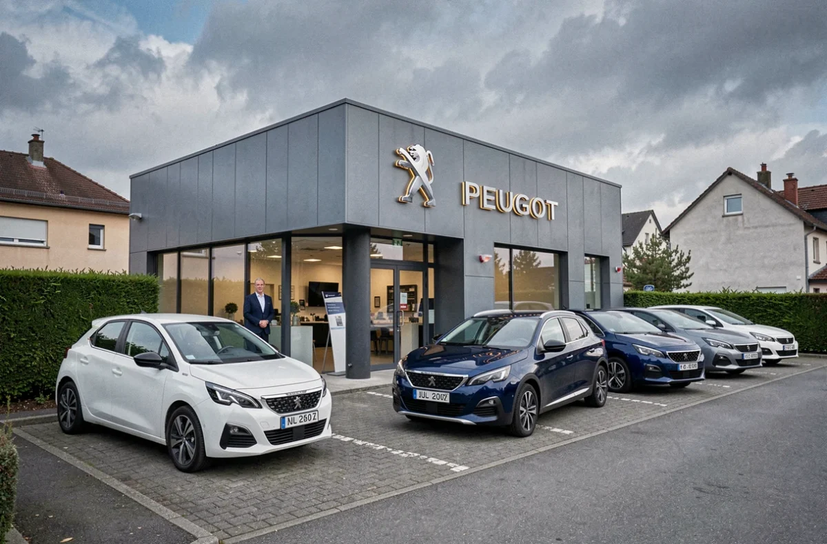 Façade extérieure du concessionnaire Peugeot Bailly à Metz avec modèles e-208 et 3008 garés sur le parvis