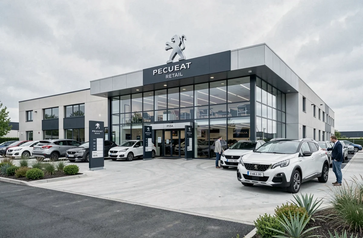 Façade du concessionnaire Peugeot PSA Retail Rennes avec SUV d'occasion en exposition sur le parvis
