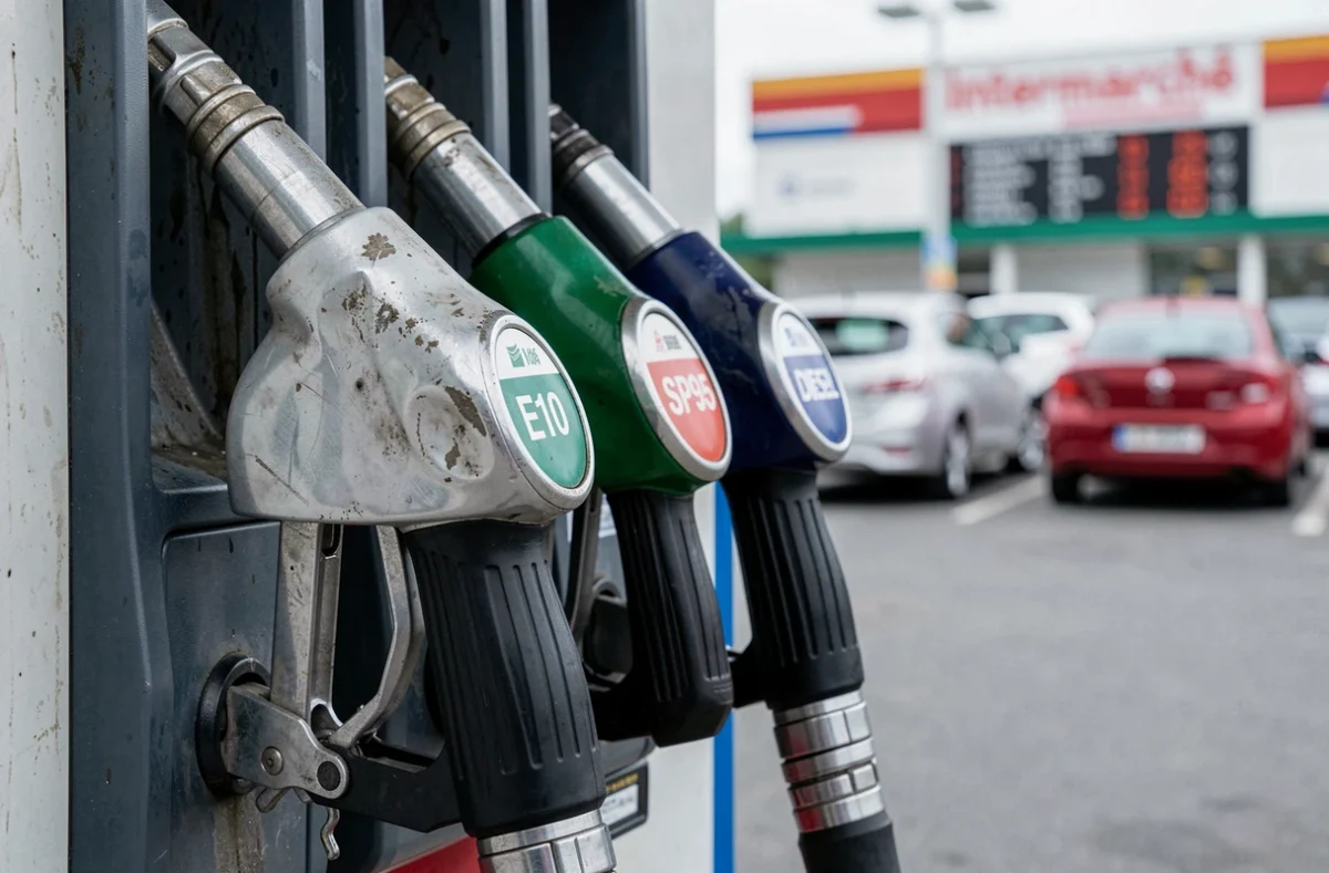 Gros plan sur les pistolets de carburant E10, SP95 et diesel d'une pompe de station-service Intermarché