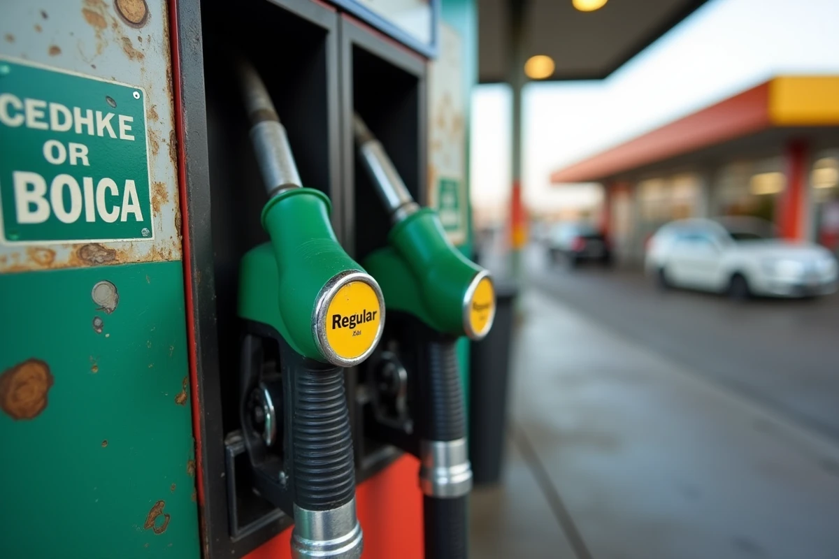 Gros plan sur deux pistolets de pompe à essence étiquetés Premium Motor Spirit et essence ordinaire dans une station-service