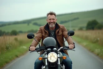Motard souriant et détendu sur une moto mid-range en pleine campagne, illustrant le plaisir de conduire sans excès de puissance