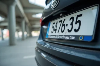 Plaque d'immatriculation européenne sur pare-chocs arrière d'une voiture moderne aux normes 2026