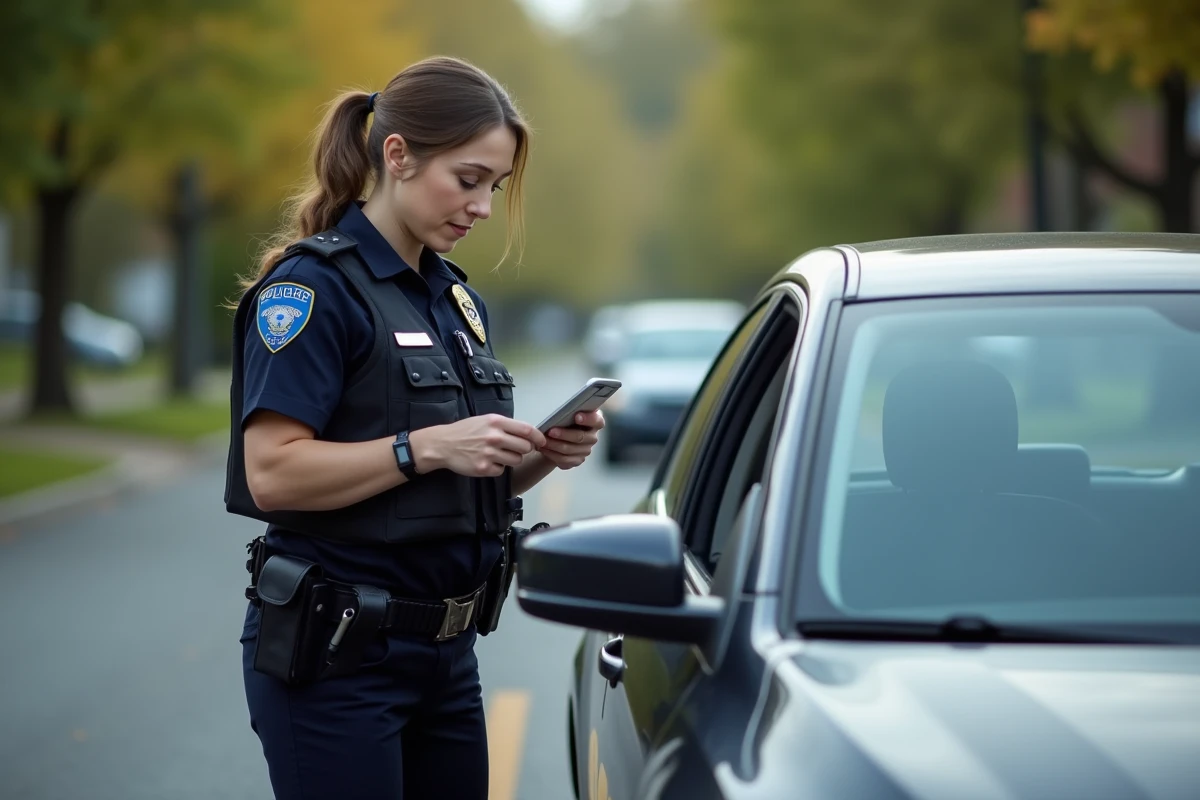 Policière examinant un permis de conduire lors d'un contrôle routier en bord de route