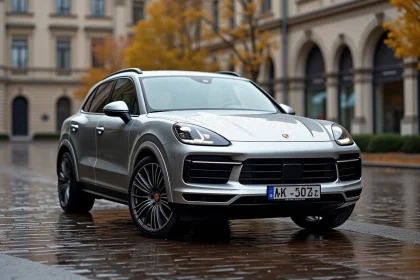 Porsche Cayenne S Magnum en argent métallisé garé sur une place en pavés mouillés, angle trois-quarts avant, ambiance urbaine européenne automnale