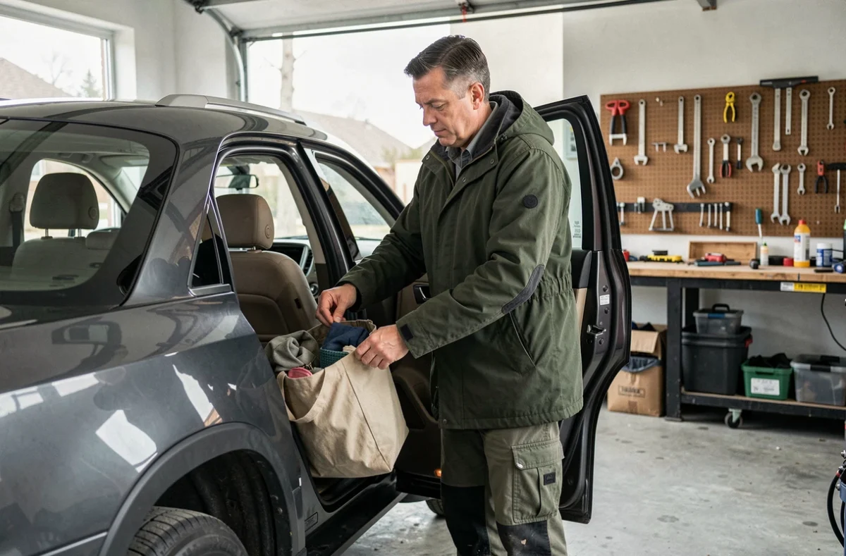 Homme débarrassant l'habitacle de son SUV pour préparer sa voiture avant l'intervention Carglass