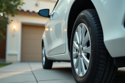 Gros plan sur le flanc d'un pneu Toyota Yaris Hybride avec les marquages de pression visibles sur la jante en alliage argenté