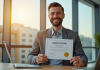 Homme d'affaires souriant avec certificat d'assurance moderne