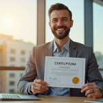Homme d'affaires souriant avec certificat d'assurance moderne