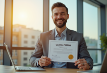 Homme d'affaires souriant avec certificat d'assurance moderne