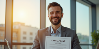 Homme d'affaires souriant avec certificat d'assurance moderne