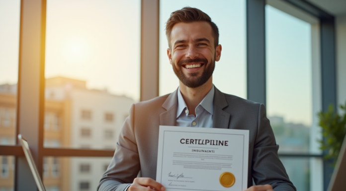 Homme d'affaires souriant avec certificat d'assurance moderne