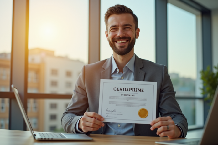 professionnel-assurance-souriant Homme d'affaires souriant avec certificat d'assurance moderne