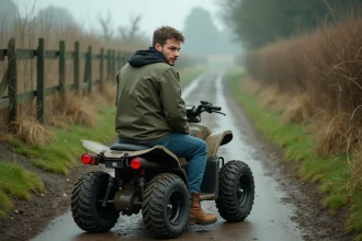 Homme sur un quad non homologué arrêté sur un chemin de terre rural, regardant derrière lui d'un air hésitant