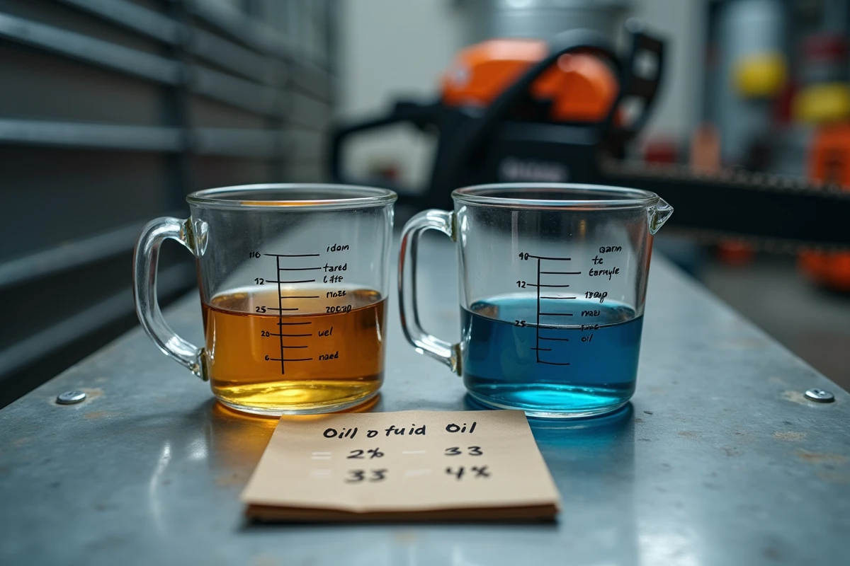 Gros plan sur des verres doseurs et une fiche de ratios huile essence écrits à la main sur un établi de garage