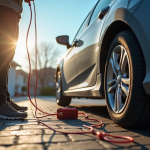 Personne utilisant des câbles pour recharger une voiture en plein jour