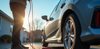 Personne utilisant des câbles pour recharger une voiture en plein jour