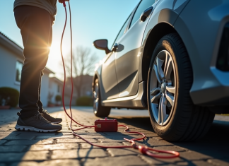 Personne utilisant des câbles pour recharger une voiture en plein jour
