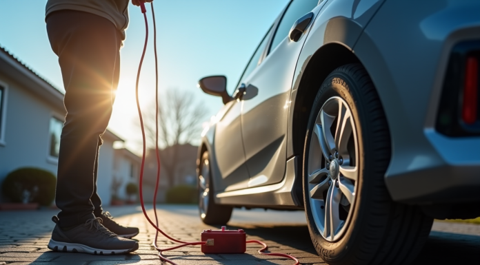 Personne utilisant des câbles pour recharger une voiture en plein jour