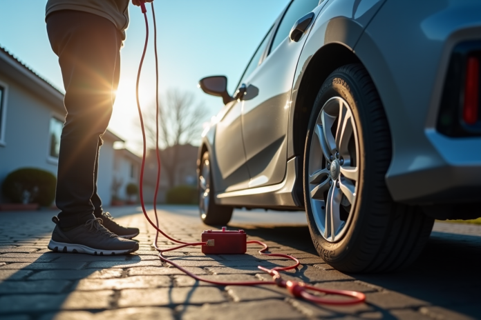 recharge-batterie-voiture-journee Personne utilisant des câbles pour recharger une voiture en plein jour