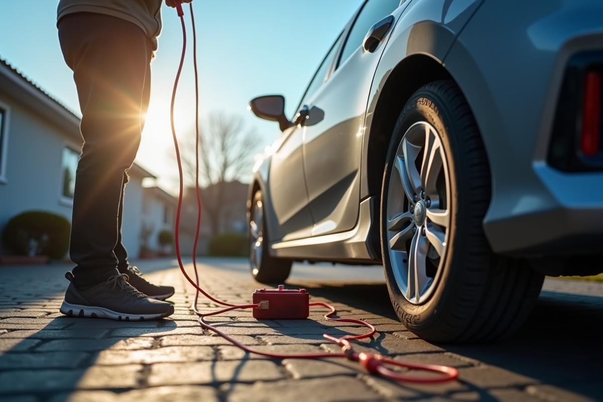 Personne utilisant des câbles pour recharger une voiture en plein jour