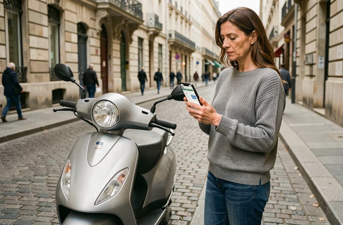 Une femme recherchant une assurance scooter sur son téléphone après une suspension de permis pour alcoolémie dans une rue parisienne