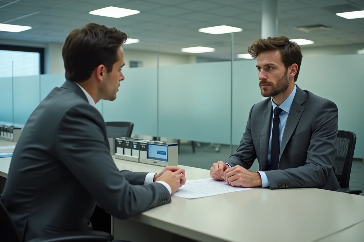 Homme contestant une décision administrative de permis de conduire auprès d'un agent dans un bureau préfectoral