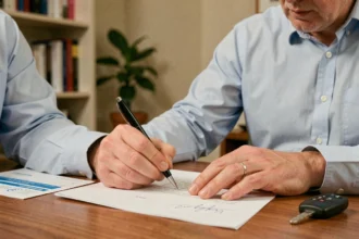 Homme rédigeant une lettre de résiliation d'assurance auto à son bureau avec stylo et documents officiels