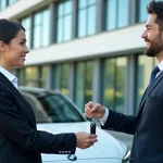 Un professionnel remet les clés d'une voiture à un collègue devant une voiture moderne