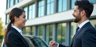 Un professionnel remet les clés d'une voiture à un collègue devant une voiture moderne