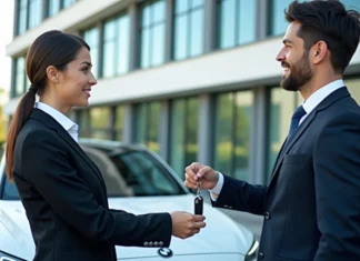 Assuré voiture société : qui est couvert ? Quelles garanties ? Un professionnel remet les clés d'une voiture à un collègue devant une voiture moderne