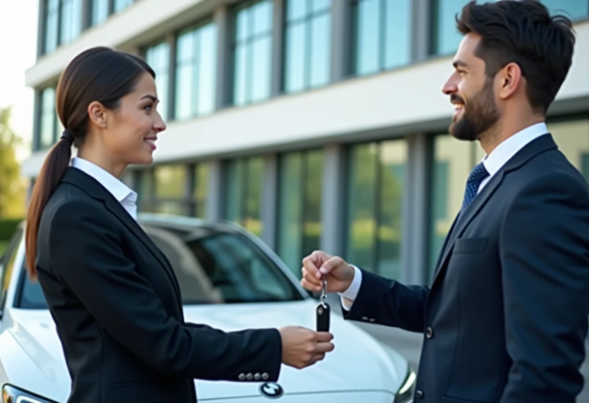 Un professionnel remet les clés d'une voiture à un collègue devant une voiture moderne