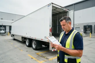 Remorque frigorifique professionnelle garée à quai de chargement avec gestionnaire logistique consultant des documents de prix