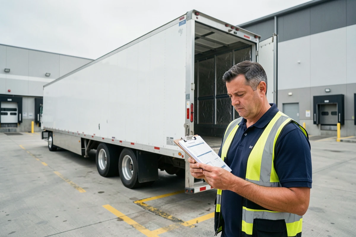 Remorque frigorifique professionnelle garée à quai de chargement avec gestionnaire logistique consultant des documents de prix