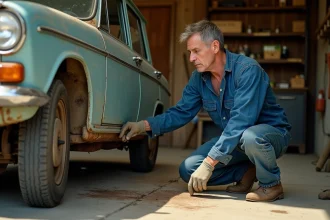 Mécanicien inspectant la suspension d'une Renault 12 berline vintage dans un garage rural avant un long voyage en voiture