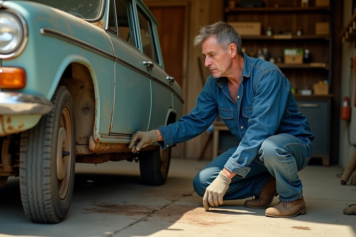 Mécanicien inspectant la suspension d'une Renault 12 berline vintage dans un garage rural avant un long voyage en voiture