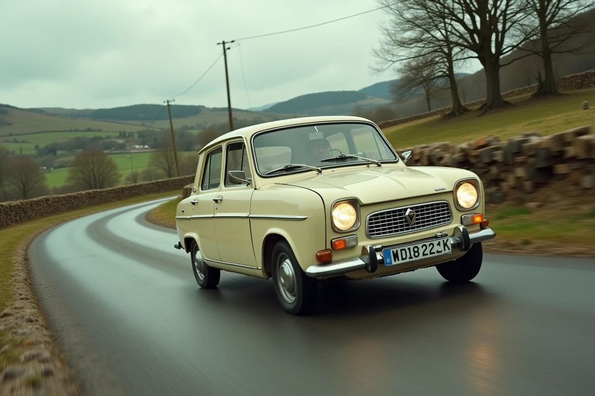Renault 12 berline classique roulant sur une route de campagne française sinueuse lors d'un long road trip estival
