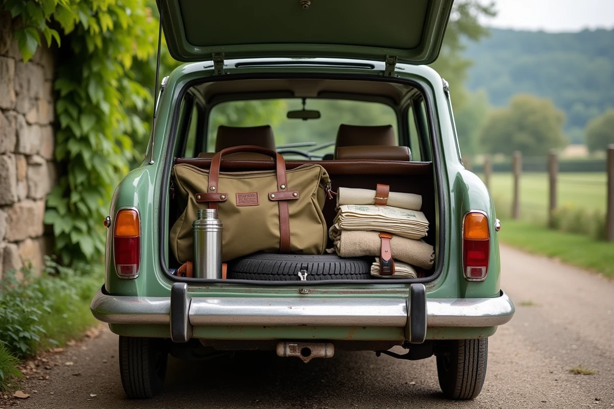 Coffre d'une Renault 12 berline chargée pour un road trip avec bagages, cartes routières et kit de dépannage