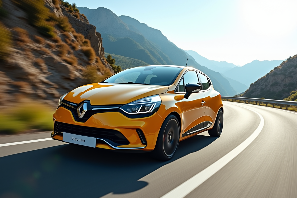 Renault Clio 2 V6 en mouvement sur route de montagne
