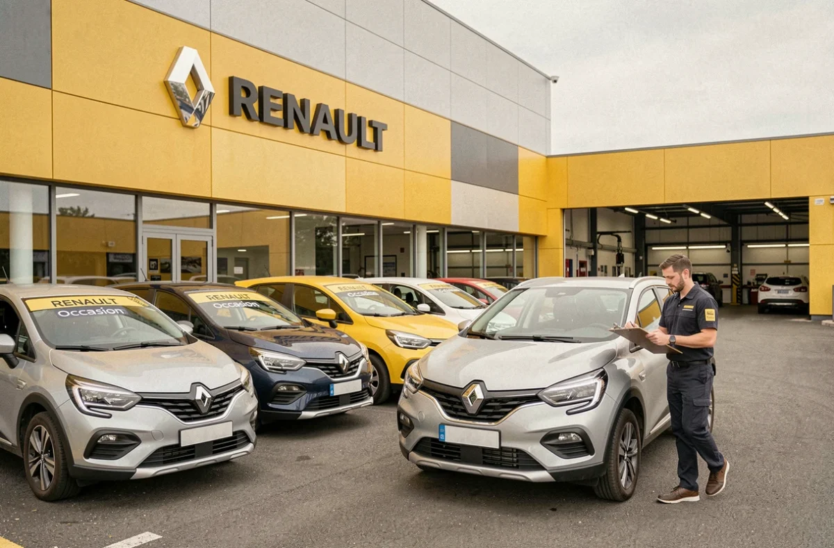 Concession Renault Occasion Rennes avec rangée de véhicules certifiés et employé réalisant une inspection