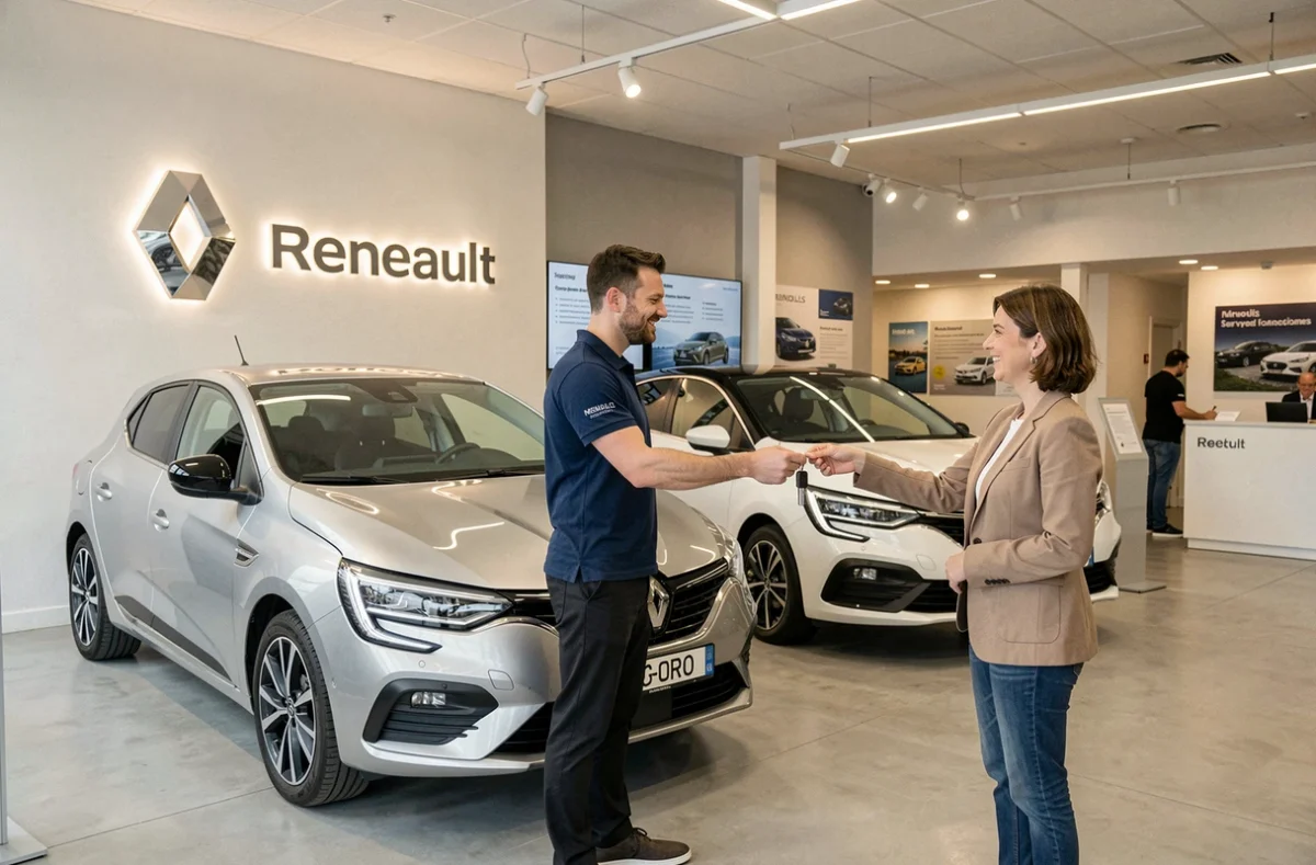 Intérieur du showroom Renault de Sarreguemines avec une Mégane E-Tech et une Clio exposées et un conseiller remettant des clés à une cliente